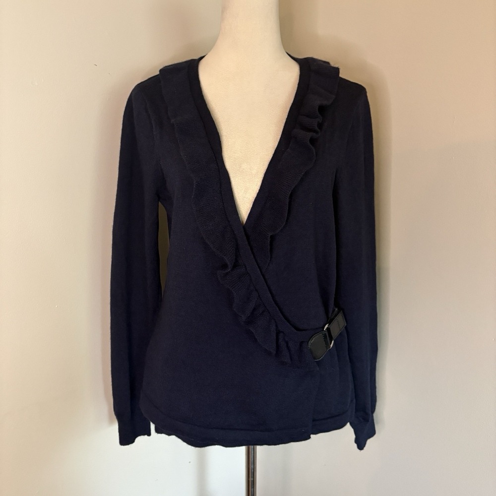 Fenn Wright Manson 100% Italian Merino Wool Ruffle Wrap Sweater Navy Blue Large